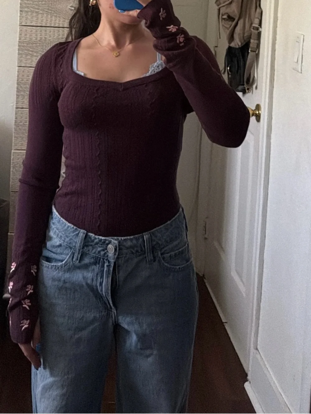 Free People Fitted Long Sleeve Square Neck Top - Deep Plum